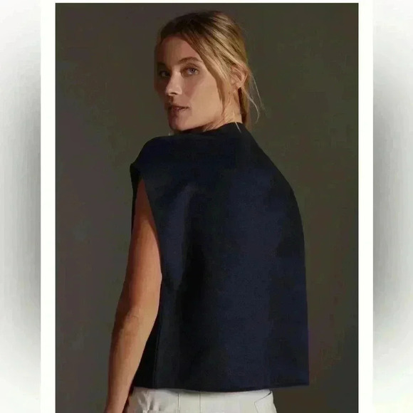 By ANTHROPOLOGIE Maeve Cropped Sweater Vest Boxy Academia Utility Navy Rope OS - Picture 3 of 12
